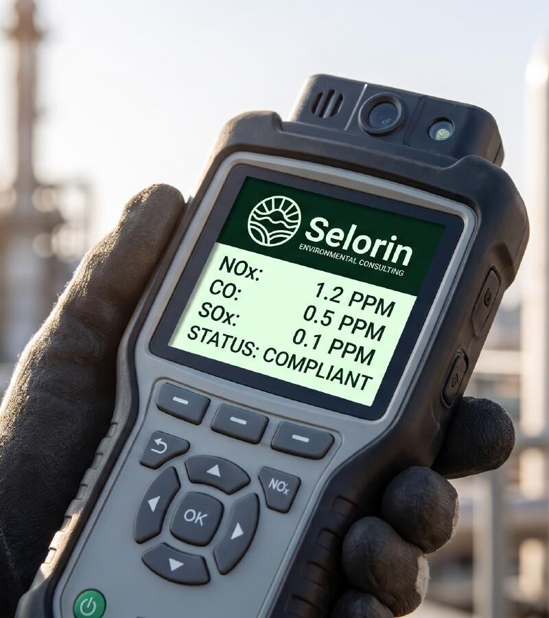 Handheld gas analyser showing compliant readings