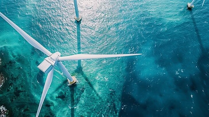 Offshore wind turbines over turquoise sea