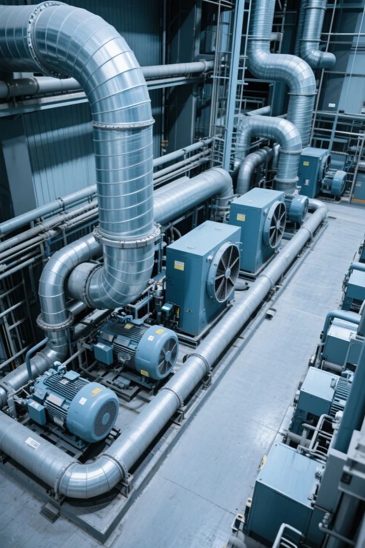 Industrial plant room with motors, fans and ducting
