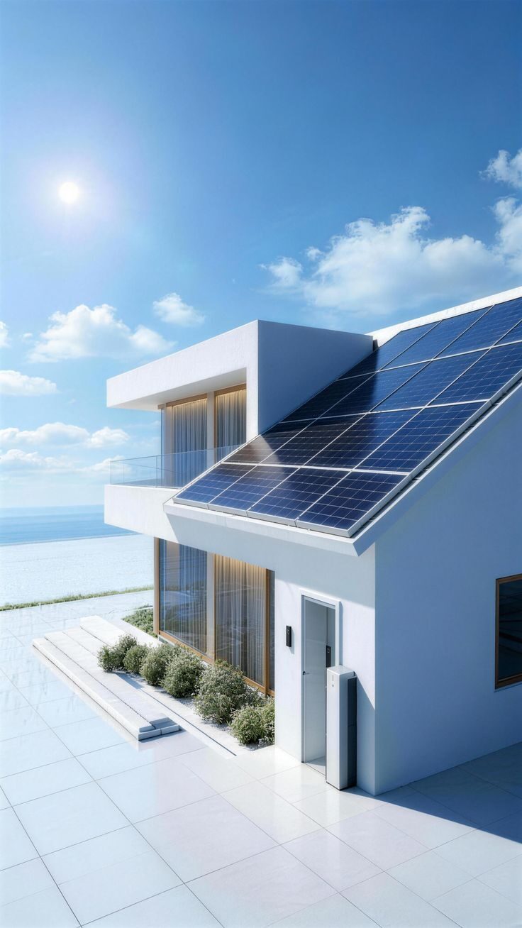 Modern residential villa with rooftop solar panels