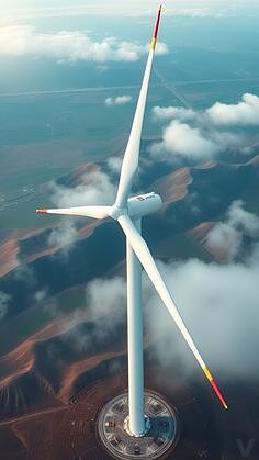Aerial view of a single wind turbine above the clouds
